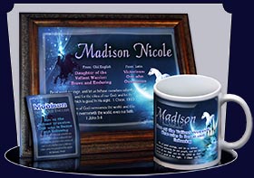 PC-CR09, Name Meaning Card, Wallet Sized, with Bible Verse, personalized, madison white horse moon