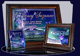 PC-FL29, Name Meaning Card, Wallet Sized, with Bible Verse, personalized, floral flower, fairy fantasy purple flower moon