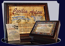 PC-MU11, Name Meaning Card, Wallet Sized, with Bible Verse, personalized, music notes cecelia