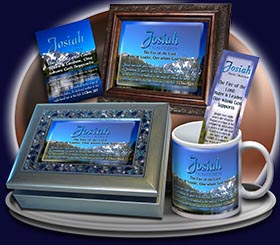 PC-SC07, Name Meaning Card, Wallet Sized, with Bible Verse, personalized, josiah mountains lake scenery
