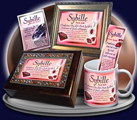 PC-SY04, Name Meaning Card, Wallet Sized, with Bible Verse, personalized, pink jewelry diamonds rubies treasure sybille