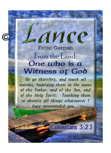 PC-SC10, Name Meaning Card, Wallet Sized, with Bible Verse, personalized, lance dock lake peace