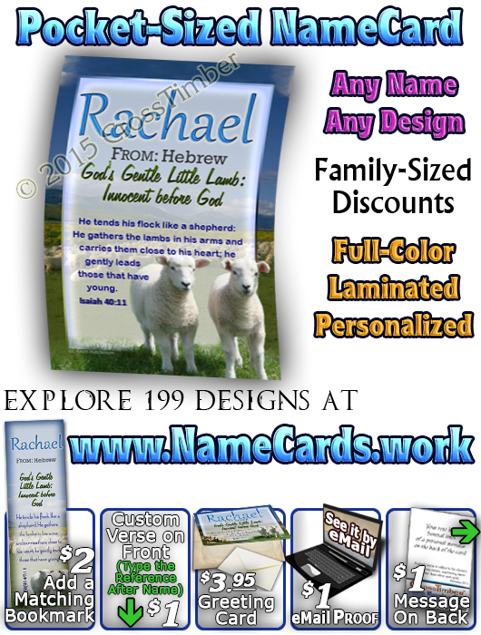 PC-AN04, Name Meaning Card, Wallet Sized, with Bible Verse Rachel Rachael sheep lambs flock shepherd
