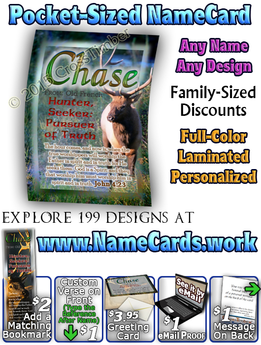 PC-AN12, Name Meaning Card, Wallet Sized, with Bible Verse chase buck deer elk hunt hunter wild