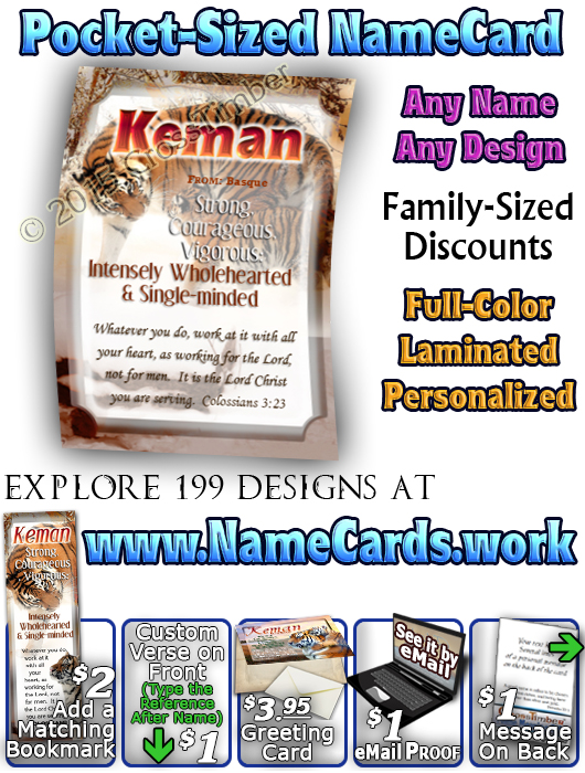 PC-AN40, Name Meaning Card, Wallet Sized, with Bible Verse tiger keman tigress powerful