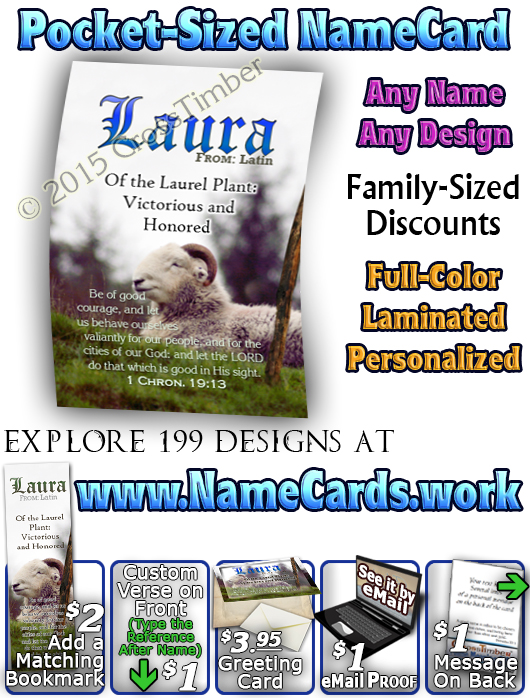 PC-AN62, Name Meaning Card, Wallet Sized, with Bible Verse sheep ram shepherd flock lamb staff Laura