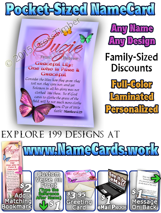 PC-BF05, Name Meaning Card, Wallet Sized, with Bible Verse butterfly  suzie pink