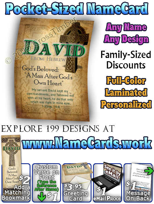 PC-CE02, Name Meaning Card, Wallet Sized, with Bible Verse, personalized, celtic knotwork irish gaelic cross david