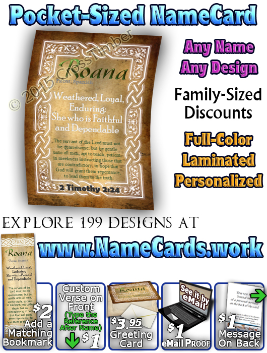 PC-CE03, Name Meaning Card, Wallet Sized, with Bible Verse, personalized, celtic knotwork irish gaelic, roana