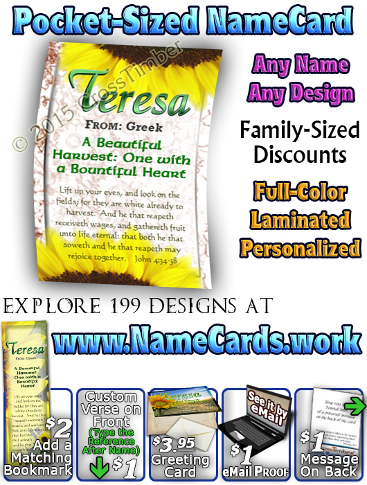 PC-FL01, Name Meaning Card, Wallet Sized, with Bible Verse, personalized, teresa sunflower flower