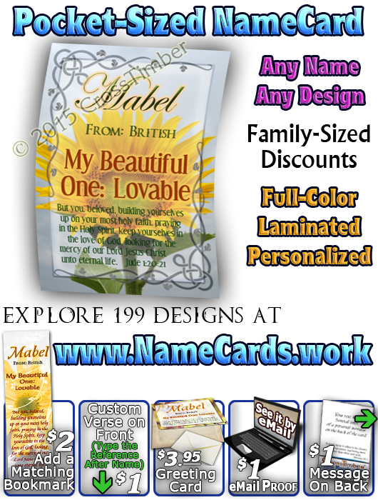 PC-FL20, Name Meaning Card, Wallet Sized, with Bible Verse, personalized, floral flower,  mabel