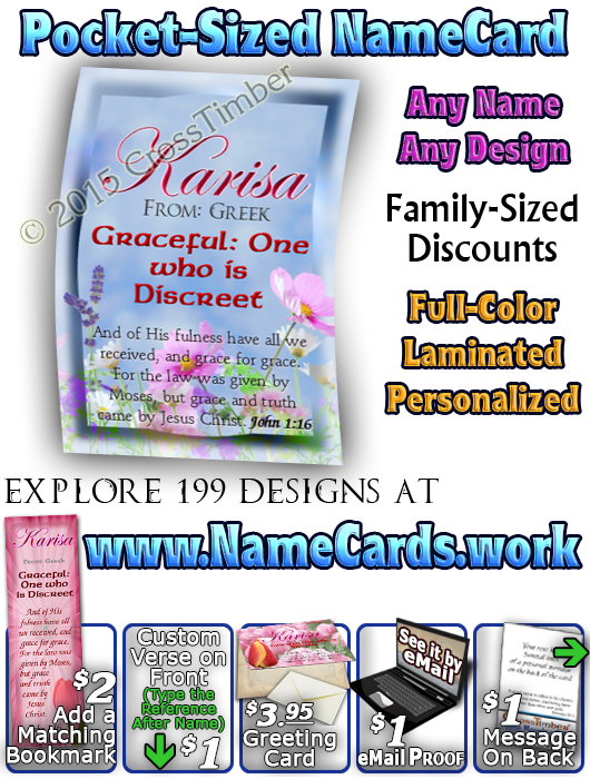 PC-FL25, Name Meaning Card, Wallet Sized, with Bible Verse, personalized, floral flower, karisa pink tulips
