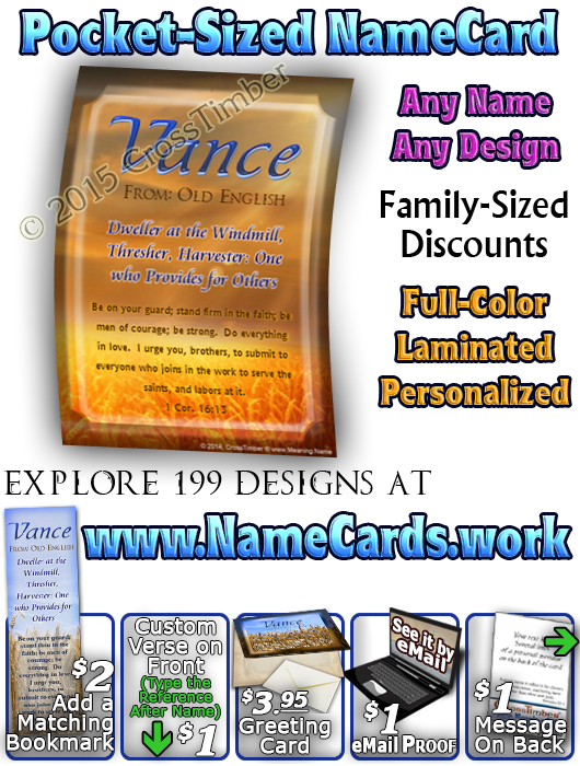 PC-GR01, Name Meaning Card, Wallet Sized, with Bible Verse, personalized, Vance grain field harvest