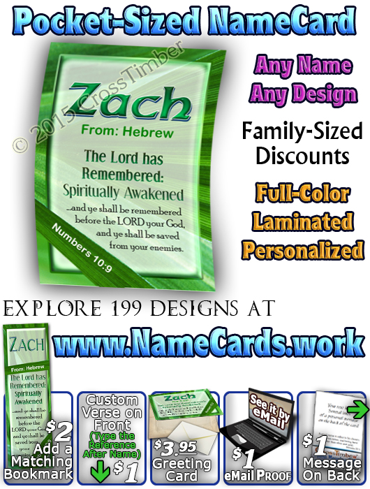 PC-LE04, Name Meaning Card, Wallet Sized, with Bible Verse, personalized, zach leaf tree leaves green