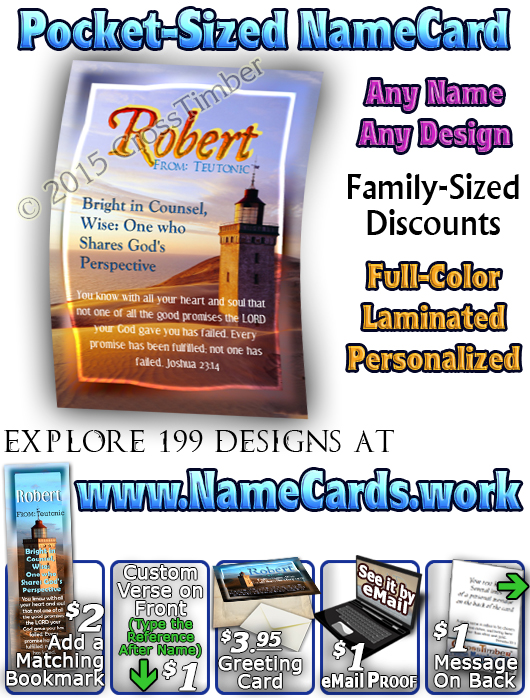 PC-LH14, Name Meaning Card, Wallet Sized, with Bible Verse, personalized, lighthouse light, ocean robert bob