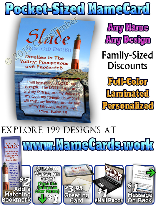 PC-LH36, Name Meaning Card, Wallet Sized, with Bible Verse, personalized, lighthouse light slade