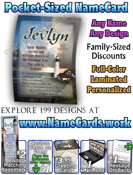 PC-LH37, Name Meaning Card, Wallet Sized, with Bible Verse, personalized, lighthouse light jevlyn