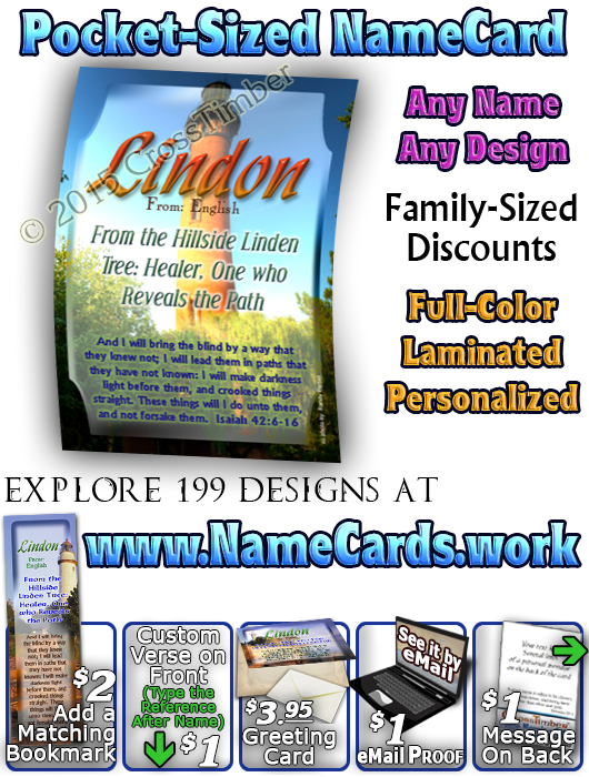 PC-LH38, Name Meaning Card, Wallet Sized, with Bible Verse, personalized, lighthouse light Lindon