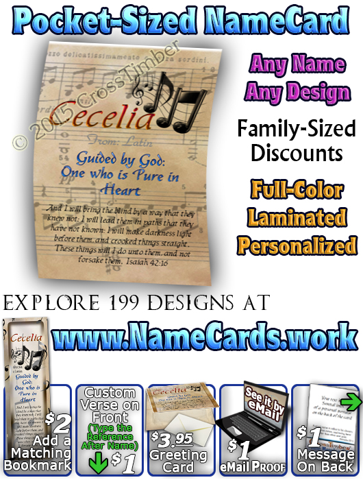 PC-MU11, Name Meaning Card, Wallet Sized, with Bible Verse, personalized, music notes cecelia