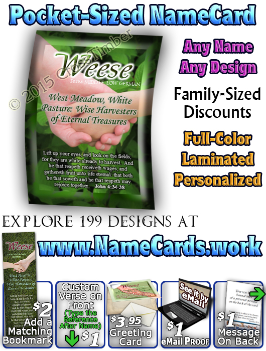 PC-PP12, Name Meaning Card, Wallet Sized, with Bible Verse, personalized, relationship hands grandma grandson weese