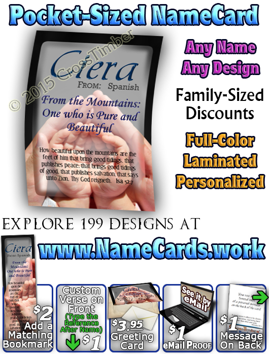 PC-PP13, Name Meaning Card, Wallet Sized, with Bible Verse, personalized, relationship hands parent child mother father mom dad baby ciera