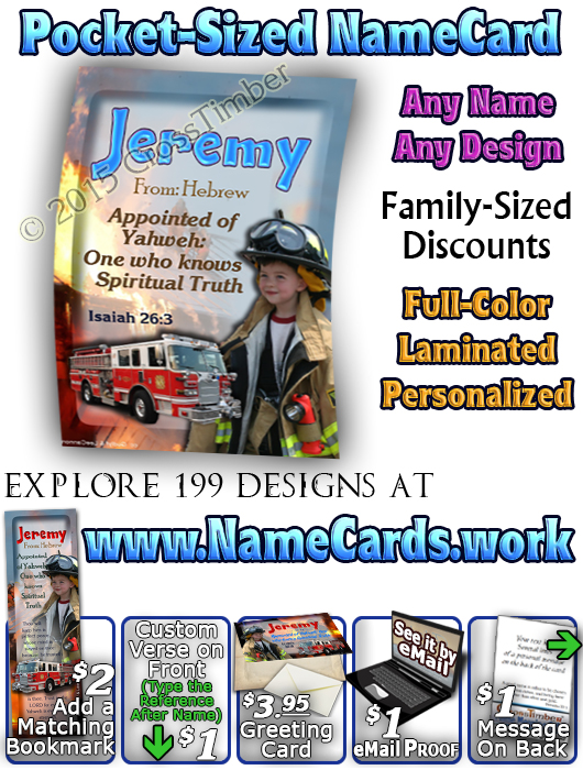 PC-PP24, Name Meaning Card, Wallet Sized, with Bible Verse, personalized, bravery courage fireman firefighter fire child jeremy