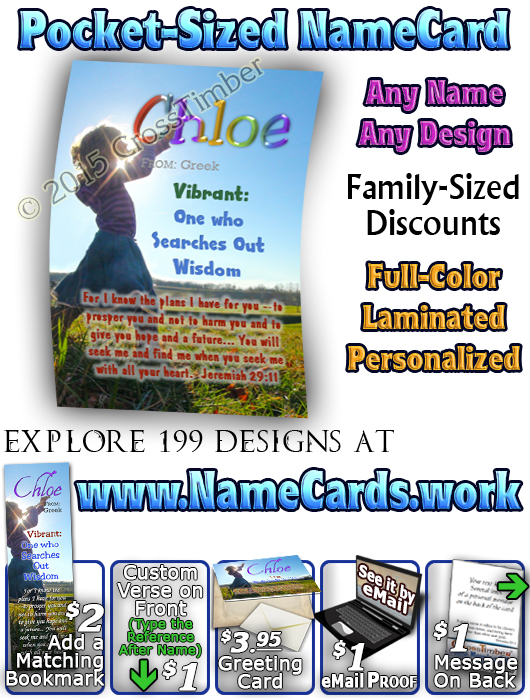 PC-PP27, Name Meaning Card, Wallet Sized, with Bible Verse, personalized, child worship praise Chloe dance music