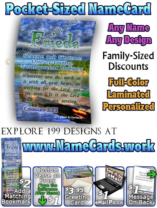 PC-SC06, Name Meaning Card, Wallet Sized, with Bible Verse, personalized,dock lake peace frieda