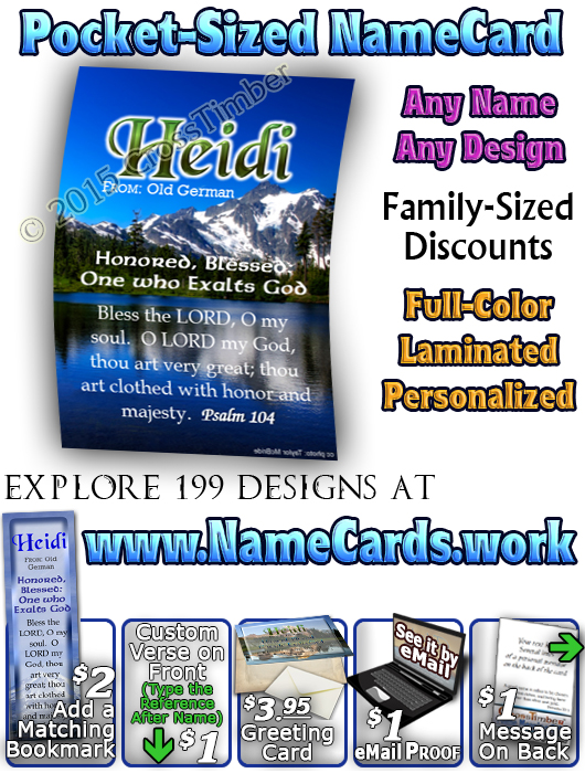 PC-SC17, Name Meaning Card, Wallet Sized, with Bible Verse, personalized, mountain heidi lake