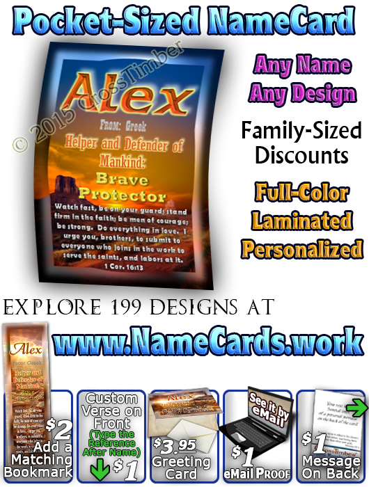 PC-SC21, Name Meaning Card, Wallet Sized, with Bible Verse, personalized, western alex, sunset