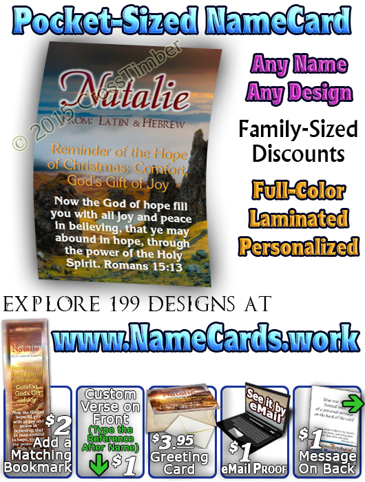 PC-SC22, Name Meaning Card, Wallet Sized, with Bible Verse, personalized, western natalie, sunset