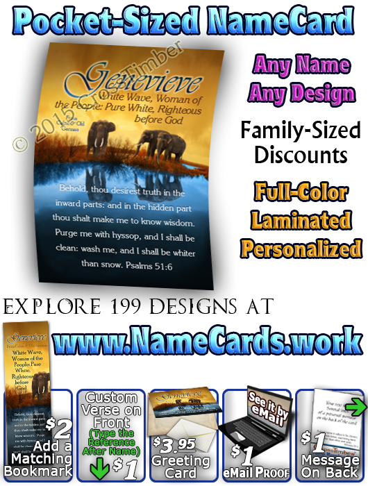 PC-SC47, Name Meaning Card, Wallet Sized, with Bible Verse, personalized, genevieve elephant world water