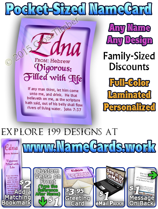 PC-SM06, Name Meaning Card, Wallet Sized, with Bible Verse, personalized, baby name purple pink edna simple basic