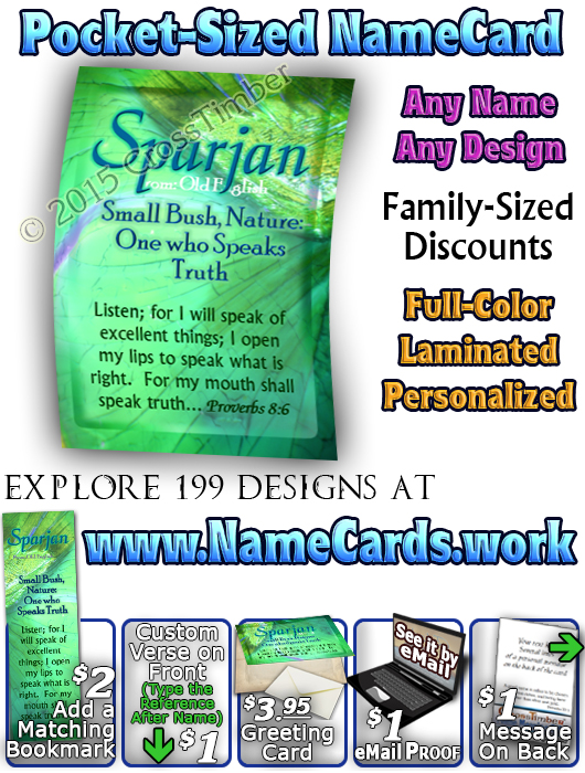 PC-SM20, Name Meaning Card, Wallet Sized, with Bible Verse, personalized, sparjan green butterfly wings crystal