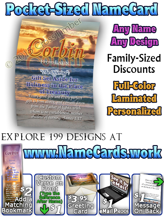 PC-SS02, Name Meaning Card, Wallet Sized, with Bible Verse, personalized, sunset purple, corbin