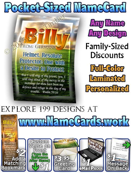 PC-SS04, Name Meaning Card, Wallet Sized, with Bible Verse, personalized, sunset, billy green orange