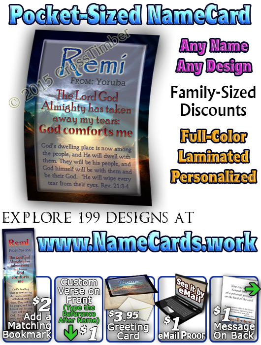 PC-SS10, Name Meaning Card, Wallet Sized, with Bible Verse, personalized, remi night sunset