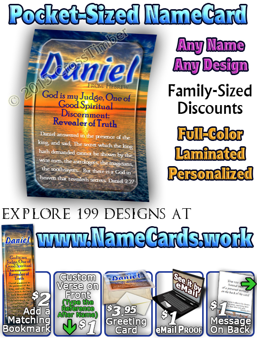 PC-SS14, Name Meaning Card, Wallet Sized, with Bible Verse, personalized, daniel, sunset, beach, ocean, sand