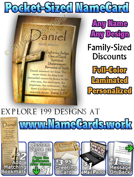 PC-SY42, Name Meaning Card, Wallet Sized, with Bible Verse, personalized, old rugged cross parchment Daniel Jesus Yeshua
