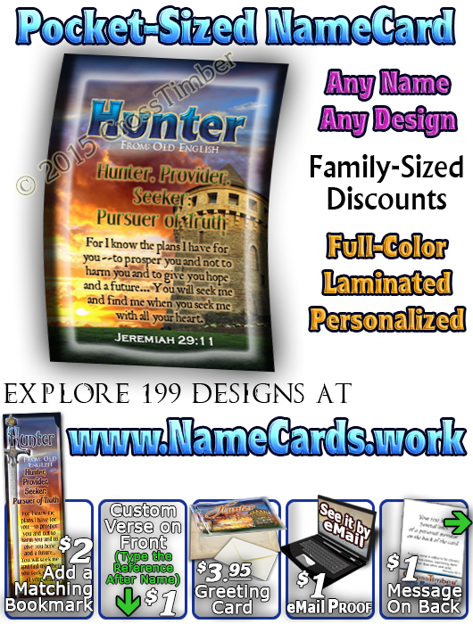 PC-SY62, Name Meaning Card, Wallet Sized, with Bible Verse, personalized, hunter sword castle
