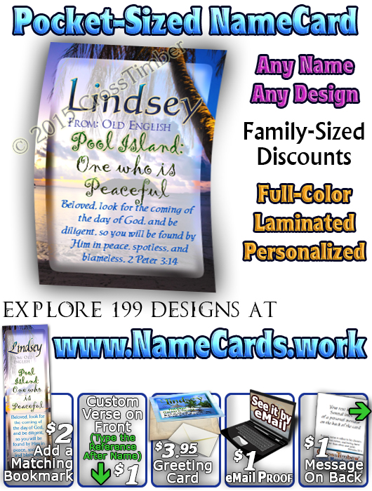 PC-WA09, Name Meaning Card, Wallet Sized, with Bible Verse, personalized, lindsey palm trees vacation beach sand