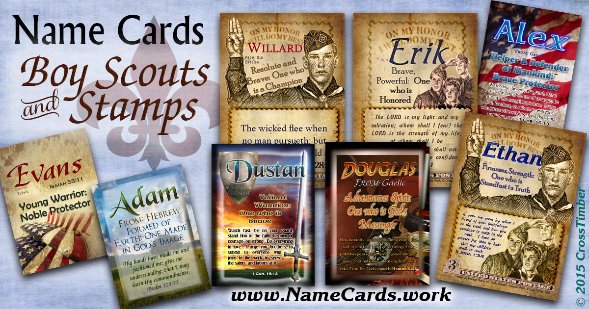Custom-made cards with name meanings and boy scouts and stamp designs