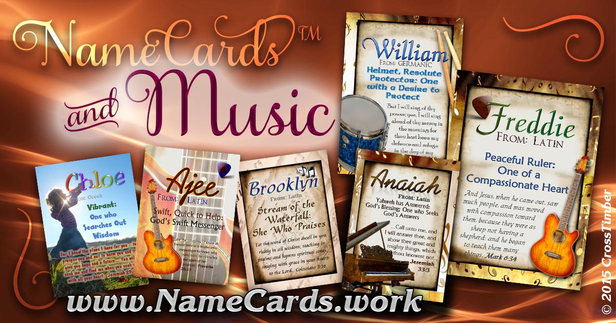 Name meaning pocket cards with music notes and musical instruments