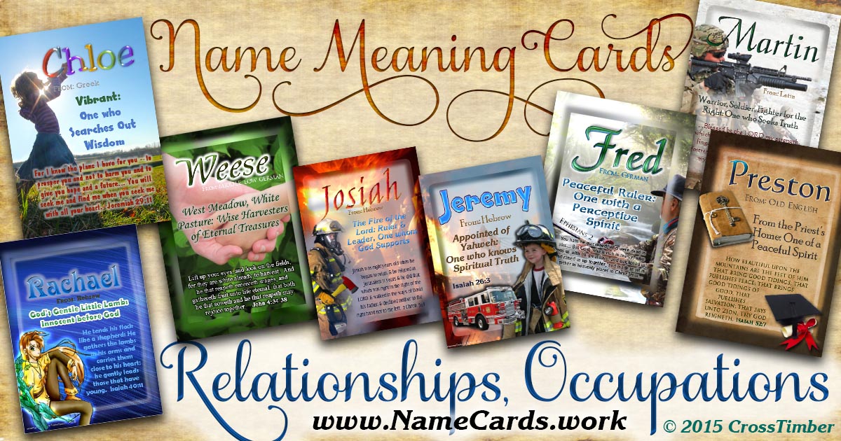 Wallet-sized name meaning cards with backgrounds of people and relationships