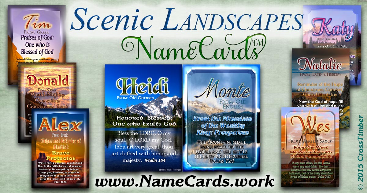 Christian name meanings printed on pocket-sized cards with scenic landscapes, mountains and sunsets