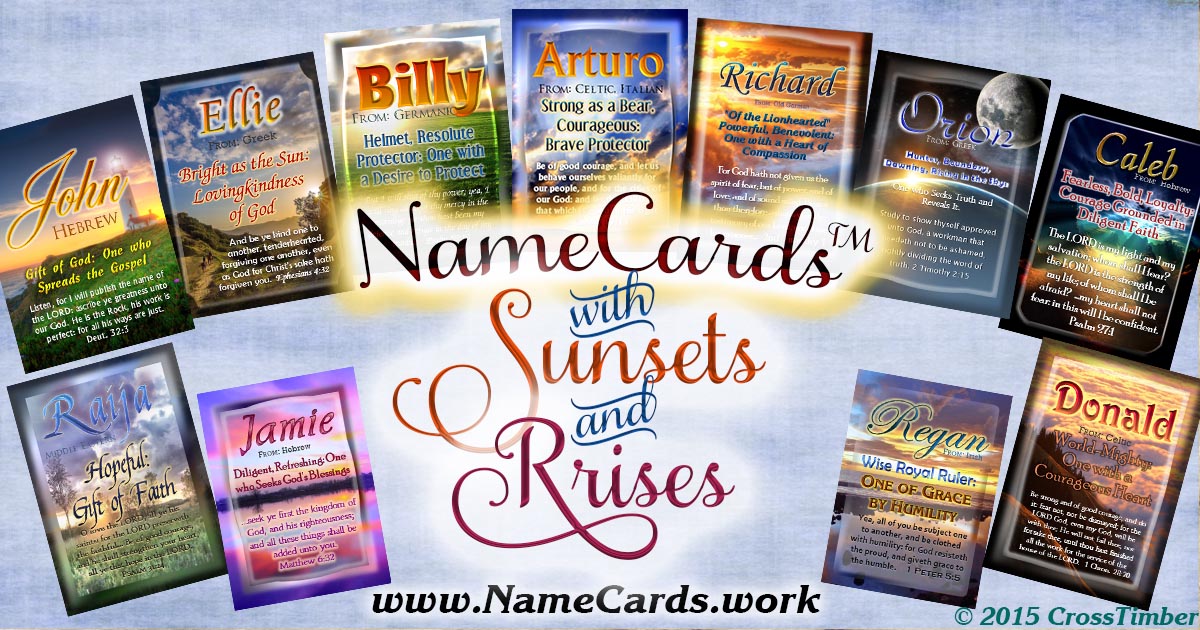 Personalized Christian name meaning cards with sunsets and sunrises in the background