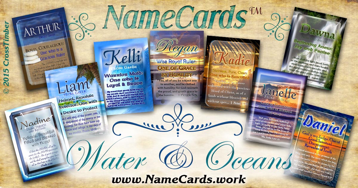 Name meaning cards with a backdrop of Oceans, Rivers and Beautiful Sunsets reflecting on the water.